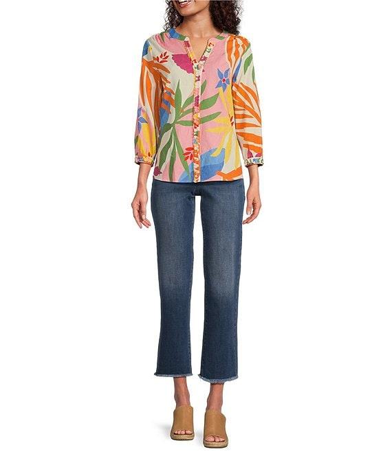 Tru Luxe Jeans Floral Textured Cotton Split V-Neck 3/4 Sleeve Blouse Product Image