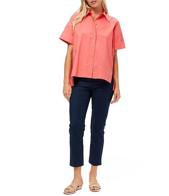 Trina Turk Opponent Stretch Poplin Point Collar Short Sleeve High Low Top Product Image