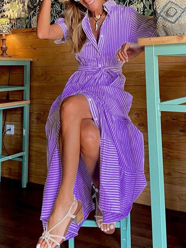Loose Short Sleeves Striped Lapel Maxi Dresses Product Image
