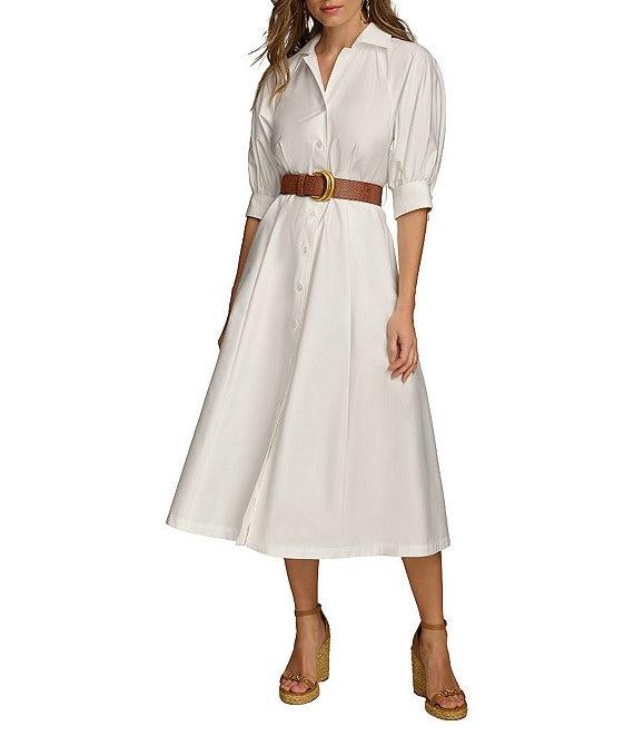Donna Karan 3/4 Sleeve Collared Neck Belted Pocketed Sateen Midi Dress Product Image
