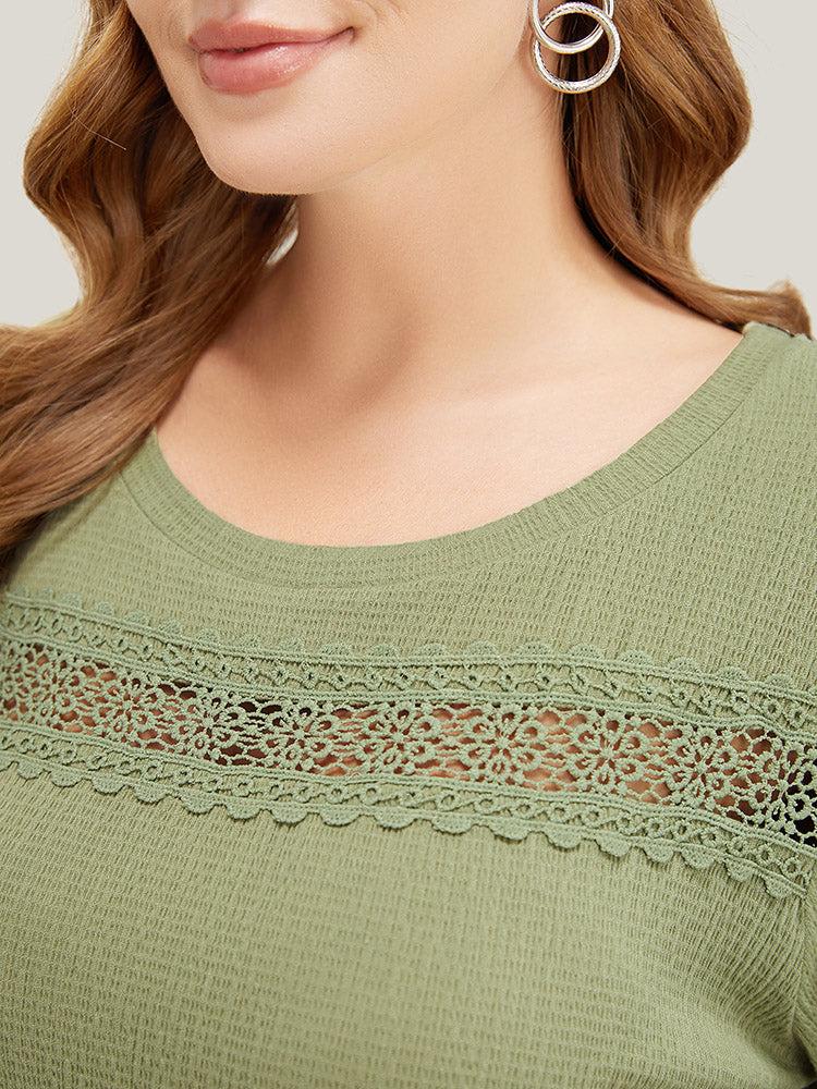 Plain Textured Contrast Lace Crew Neck T-shirt Female Product Image