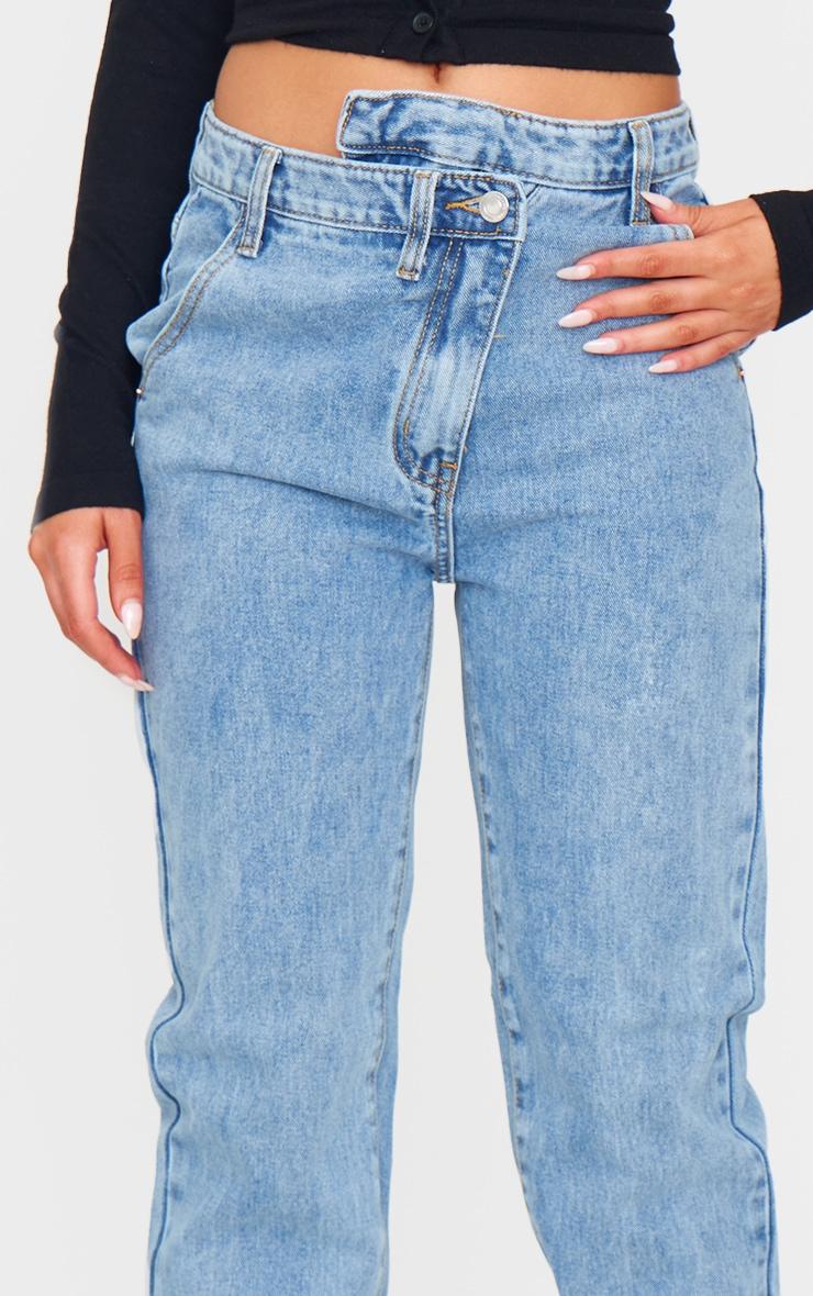 Light Blue Wash Asymmetric Waistband Long Straight Leg Jeans Product Image