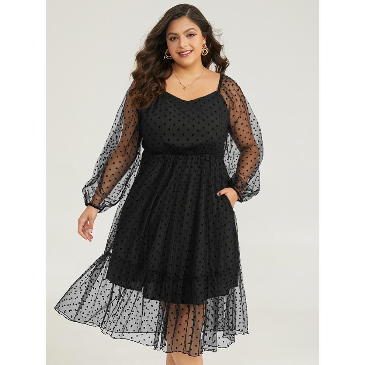 Plus Size Polka Dot Mesh Pocket Square Neck Dress Black Women Elegant Texture Square Neck Long Sleeve Curvy Midi Dress BloomChic 30/6X Product Image