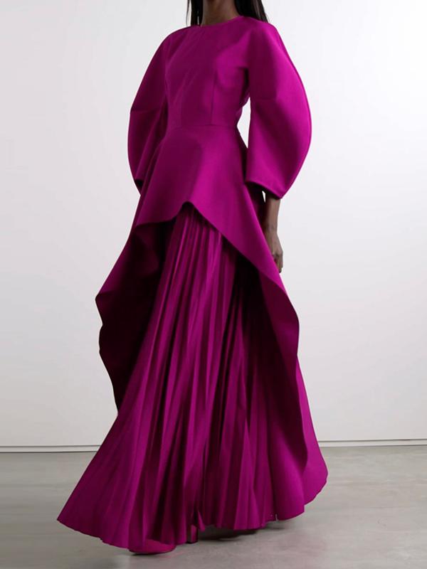 Long Sleeves Loose Pleated Solid Color Split-Joint Tiered Round-Neck Maxi Dresses Product Image