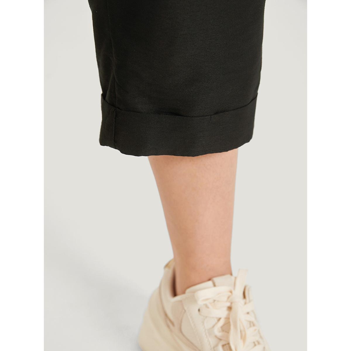 Plus Size Solid Pocket Button Detail Elastic Waist Pants Women Black Casual High Rise Dailywear Pants BloomChic 10/M Product Image