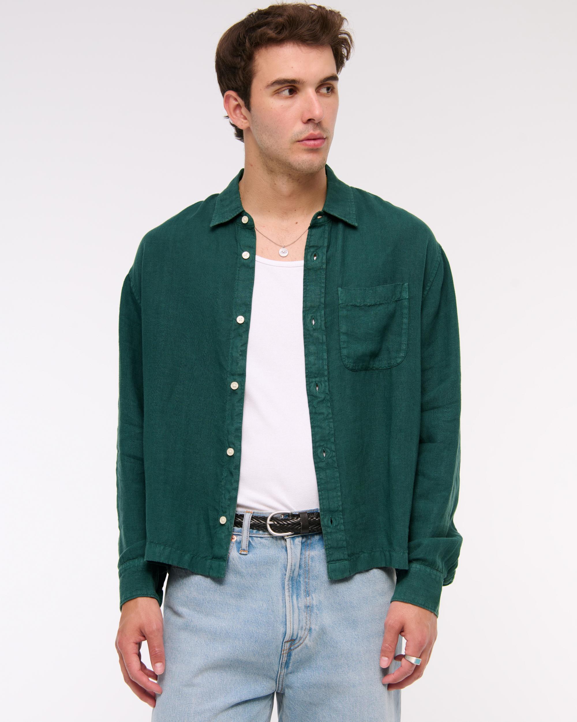 Cropped Linen Button-Up Shirt Product Image