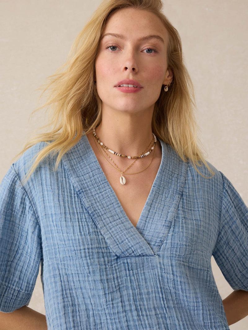 Dune Cotton Gauze Short Sleeve Popover - Light Indigo Wash Product Image