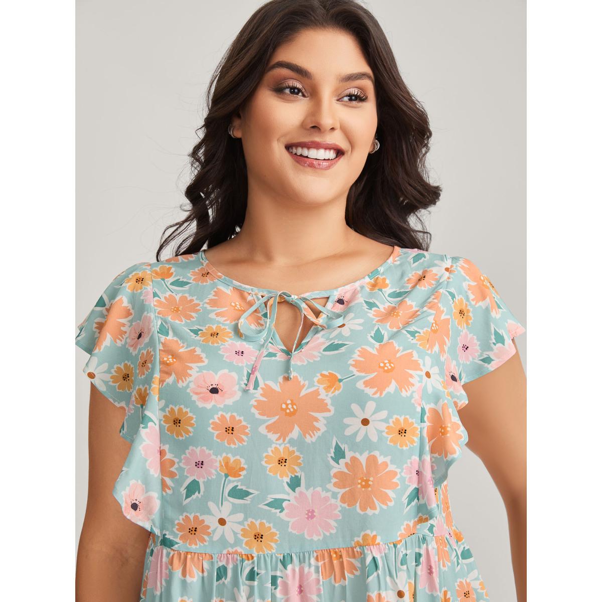 Plus Size Greenbean Floral Print Ruffled Sleeve Blouse Women Cap Sleeve Flat collar with V-notch Casual Blouses BloomChic 18-20/2X Product Image