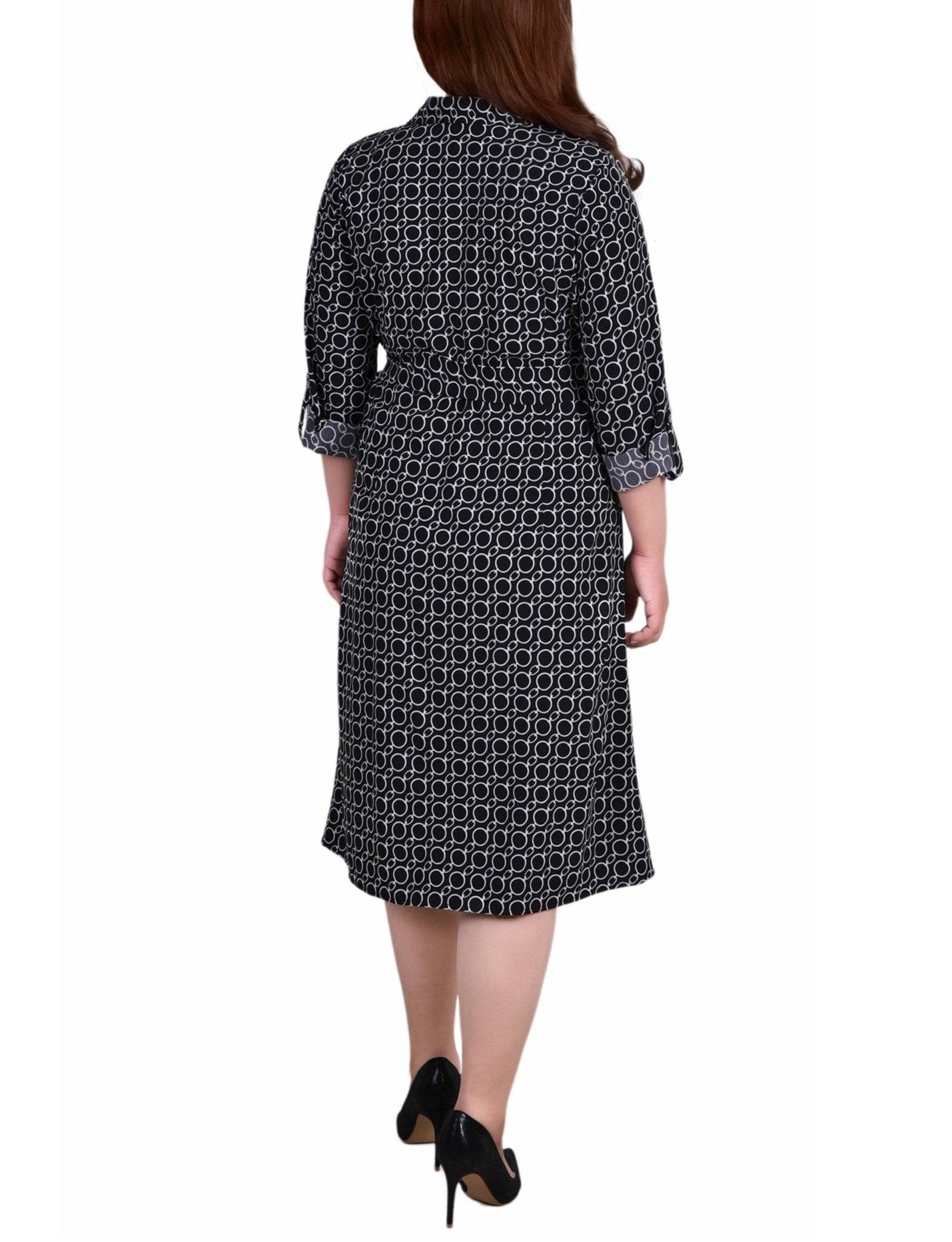 Black White Circle Chain 3/4 Roll Tab Sleeve Belted Shirtdress - Plus Product Image