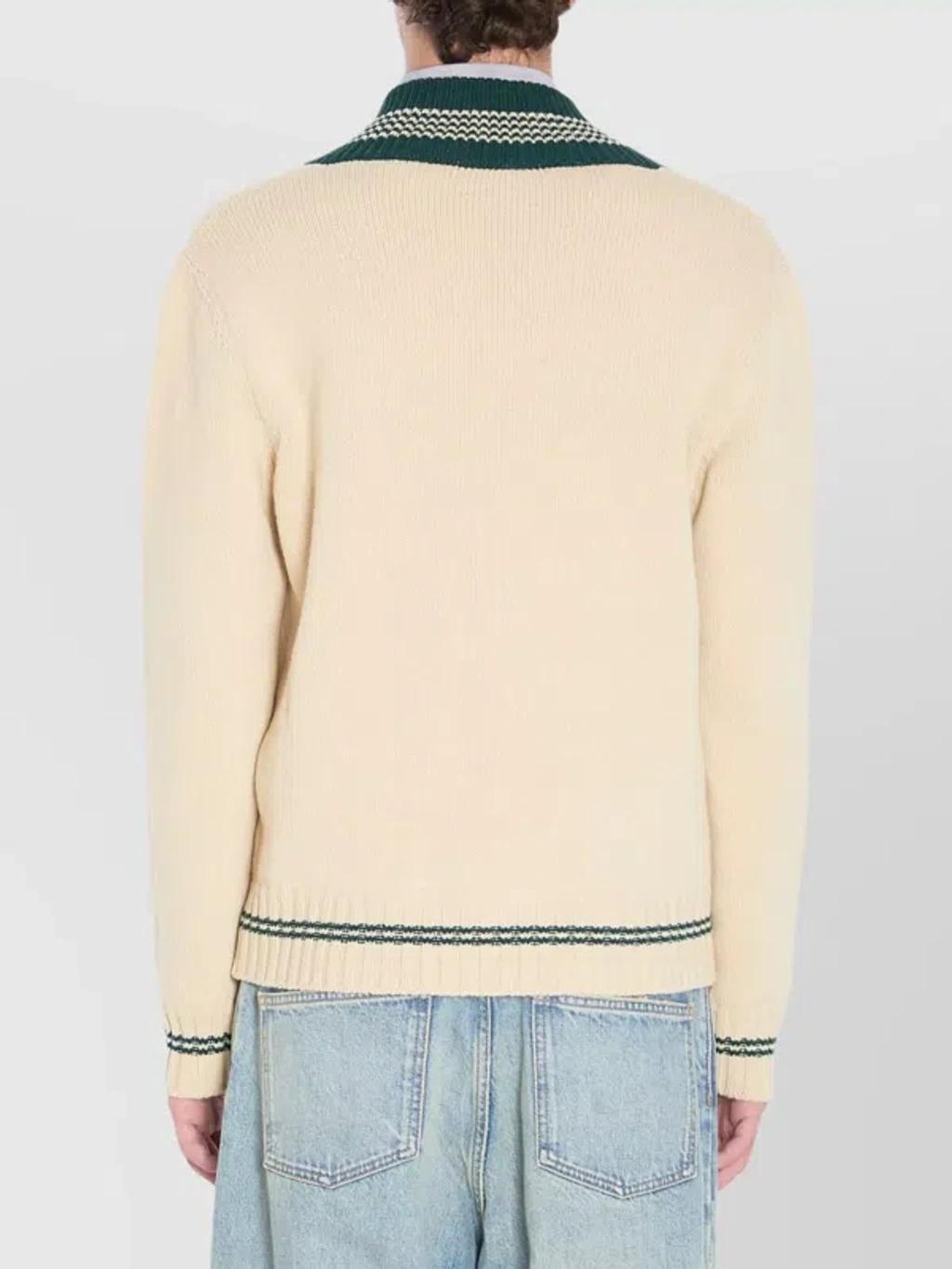 VALENTINO Embroidered V-neck Crewneck Sweater With Ribbed Trim In White Product Image
