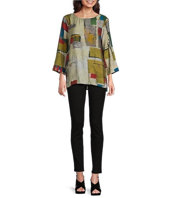 Ali Miles Woven Abstract Multi Print Round Neck 3/4 Sleeve Hi-Low Hem Tunic Product Image