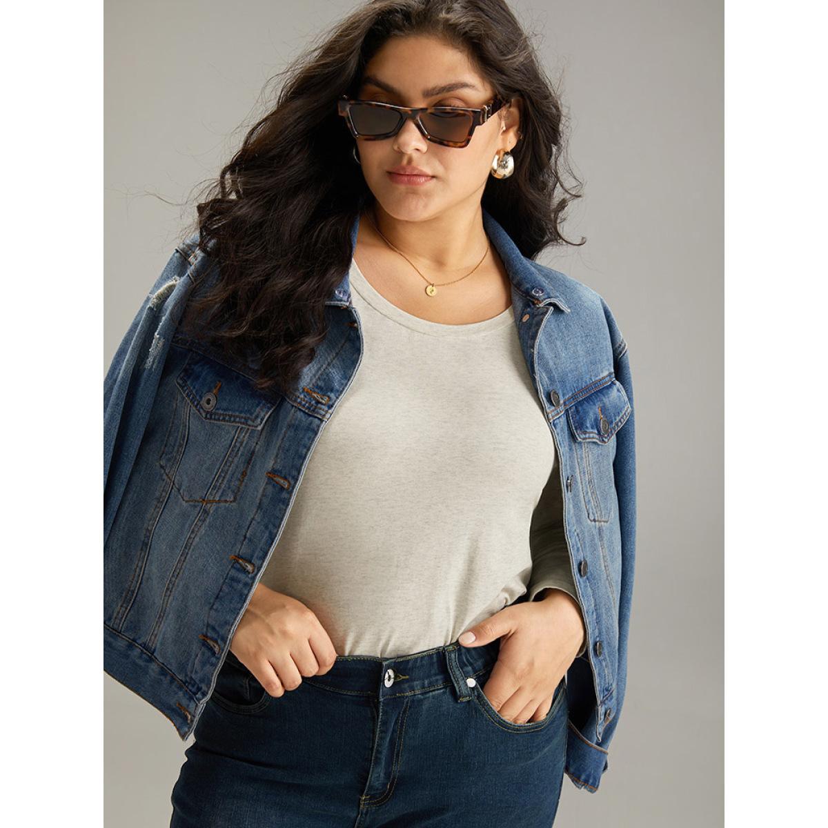 Plus Size Cotton Heather Long Sleeve T-shirt LightGray Women Casual Plain Plain Round Neck Dailywear T-shirts BloomChic 10/M Product Image