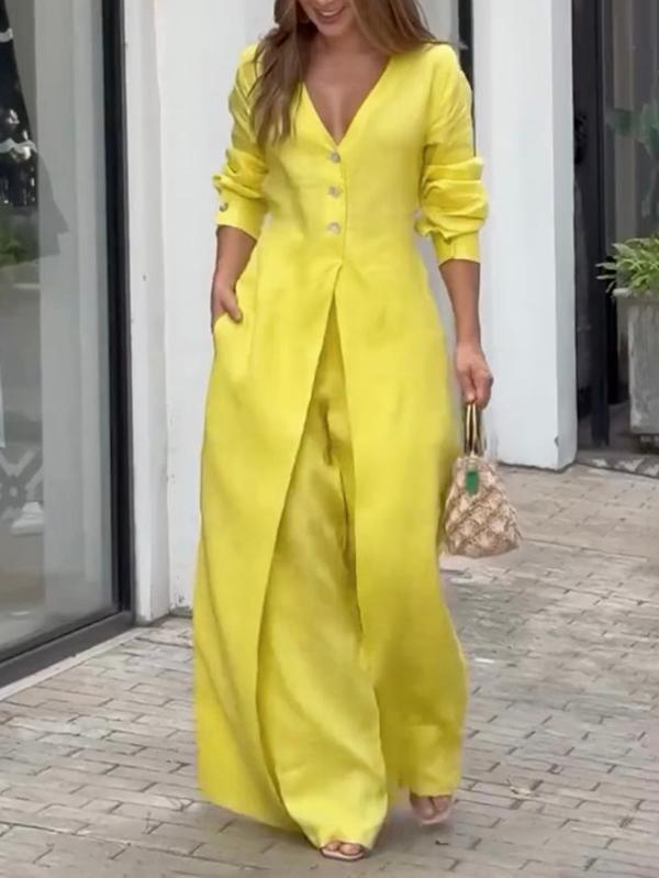 High Waisted Long Sleeves Buttoned Pockets Solid Color V-Neck Jumpsuits Product Image