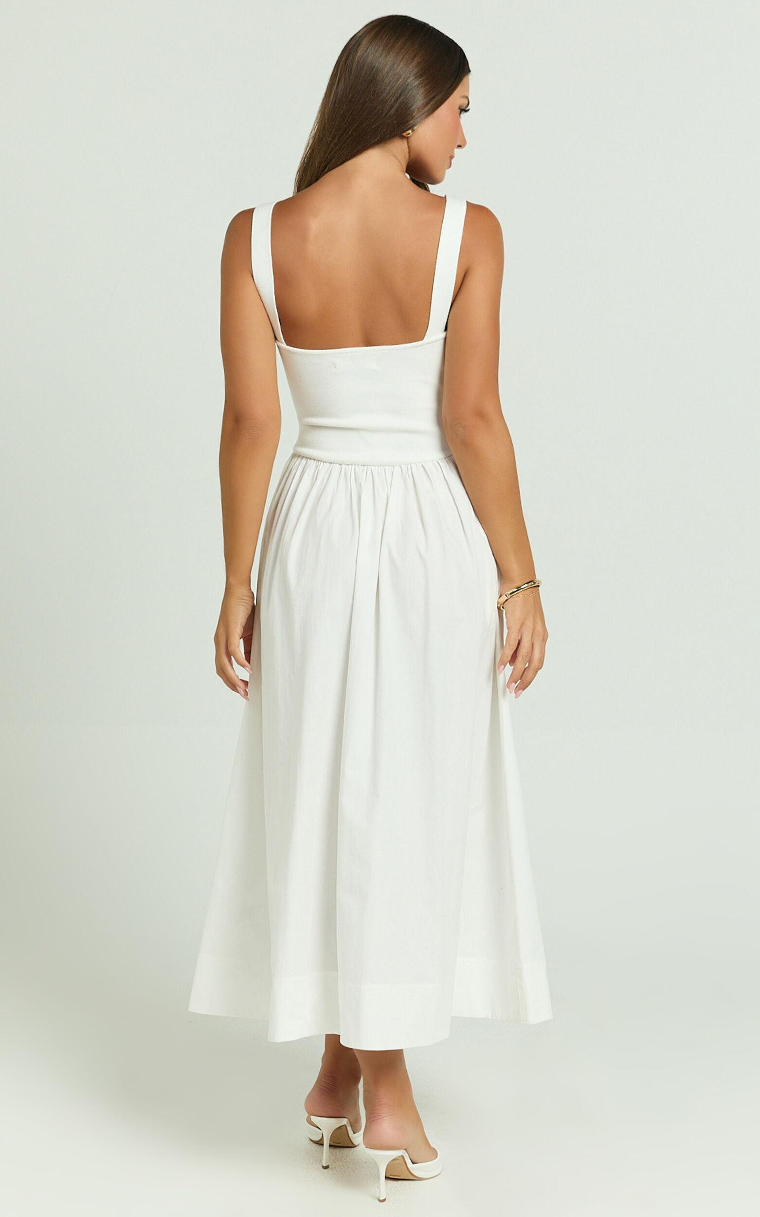 Murphy Midi Dress - Scoop Neck Straight Drop Waist Gathered Skirt Knit And Poplin Dress in White Product Image