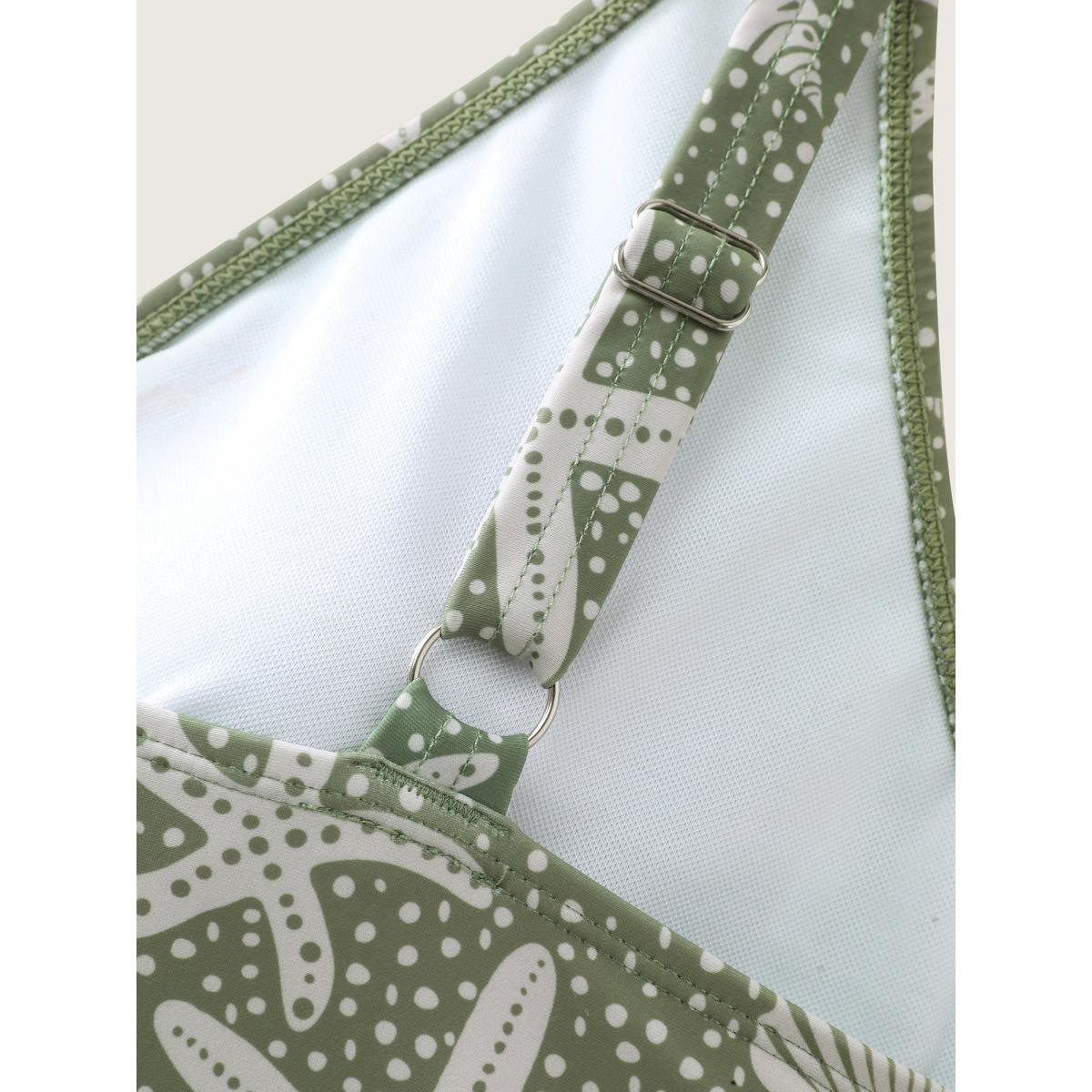 Plus Size Ocean Print Metal Buckle Swim Dress Women's Swimwear Sage Resort Bodycon Overlap Collar High stretch Curve Swim Dresses BloomChic 22-24/3X Product Image