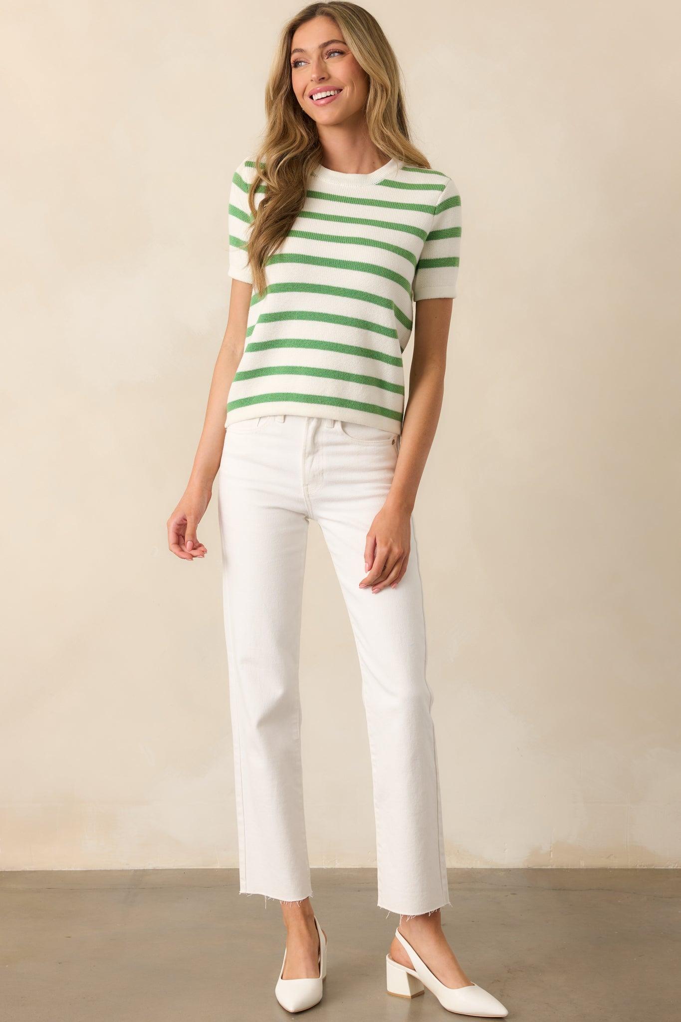 Mary Lynn Eden Green Stripe Cotton Sweater Product Image
