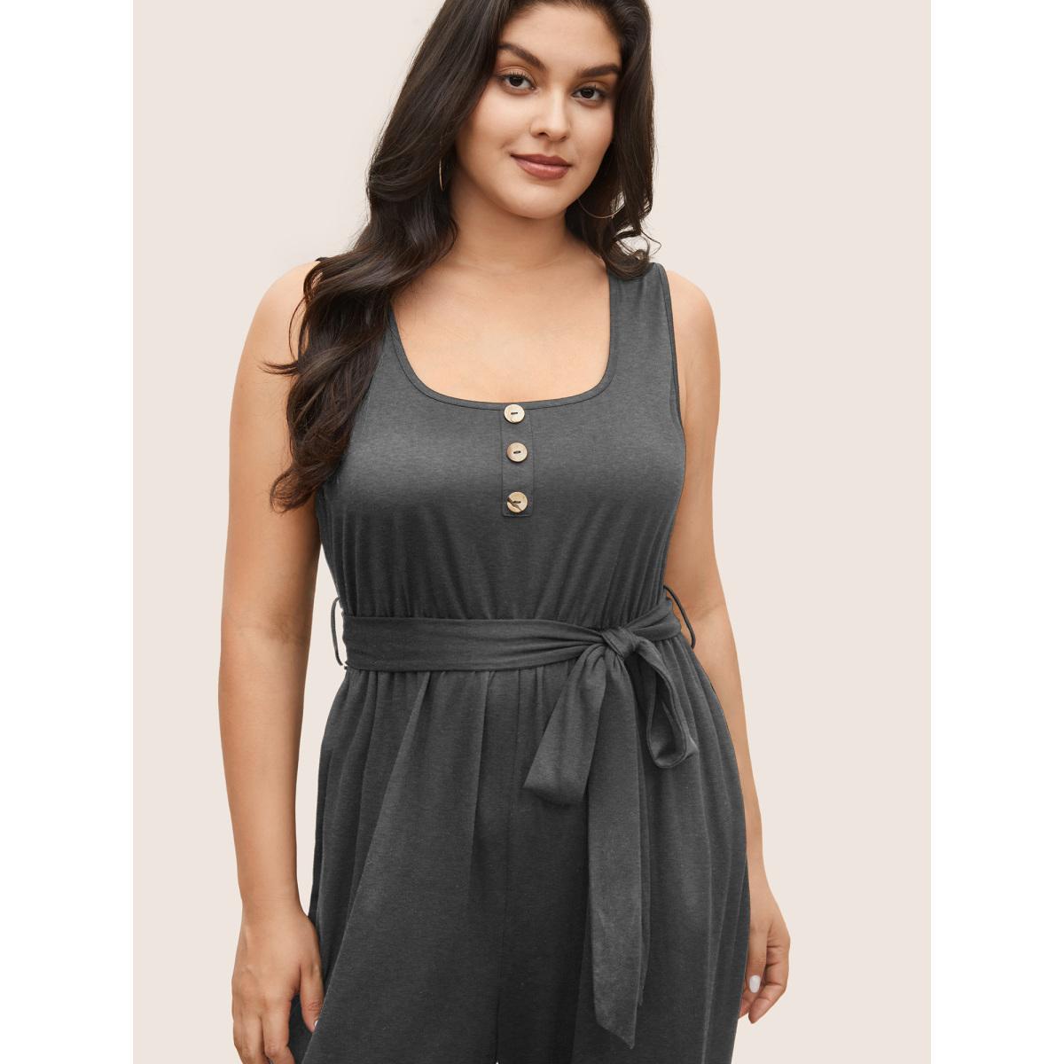 Plus Size DimGray Supersoft Essentials Plain Button Detail Belted Jumpsuit Women Casual Sleeveless Non Everyday Loose Jumpsuits BloomChic 10/M Product Image