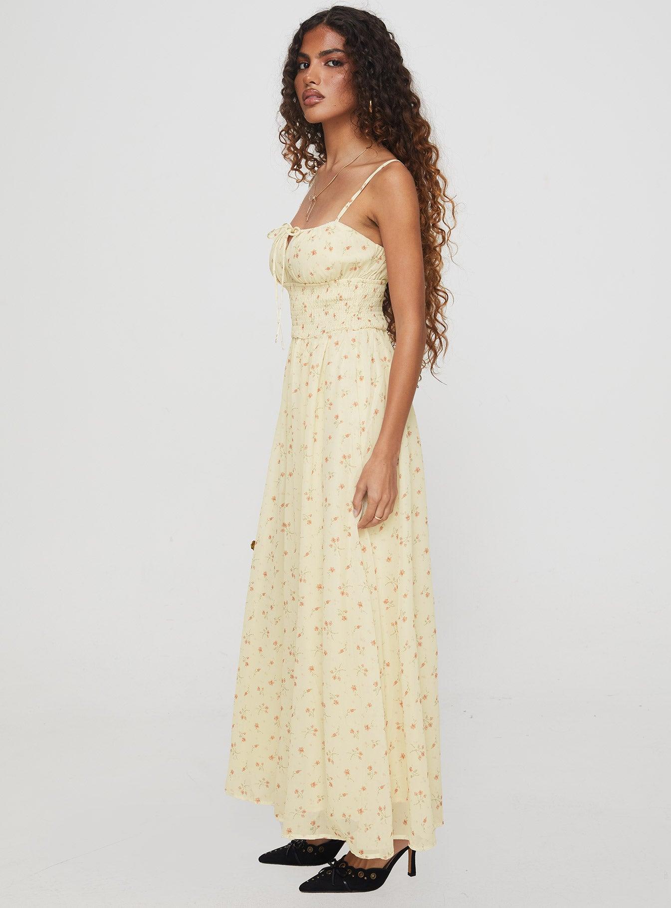 Pearle Shirred Maxi Dress Cream Floral Product Image
