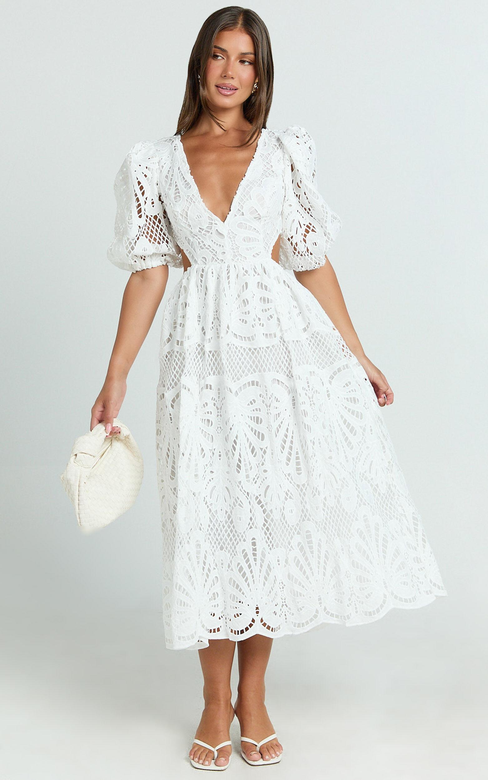 Anieshaya Midi Dress - V Neck Cut Out Lace Dress in White Product Image