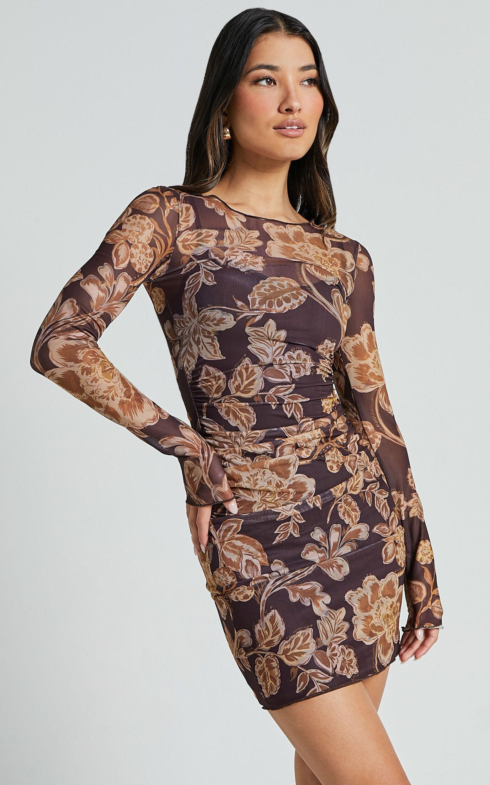 Livi Mini Dress - Long Sleeve Mesh Bodycon Dress in Amber Bloom Print Product Image