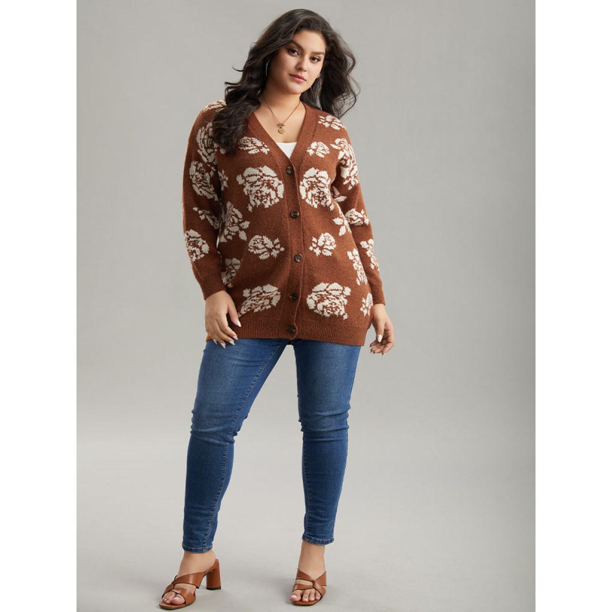 Plus Size Anti-Pilling Floral Print Drop Shoulder Cardigan Chocolate Women Casual Loose Long Sleeve Dailywear Cardigans BloomChic 14-16/1X Product Image