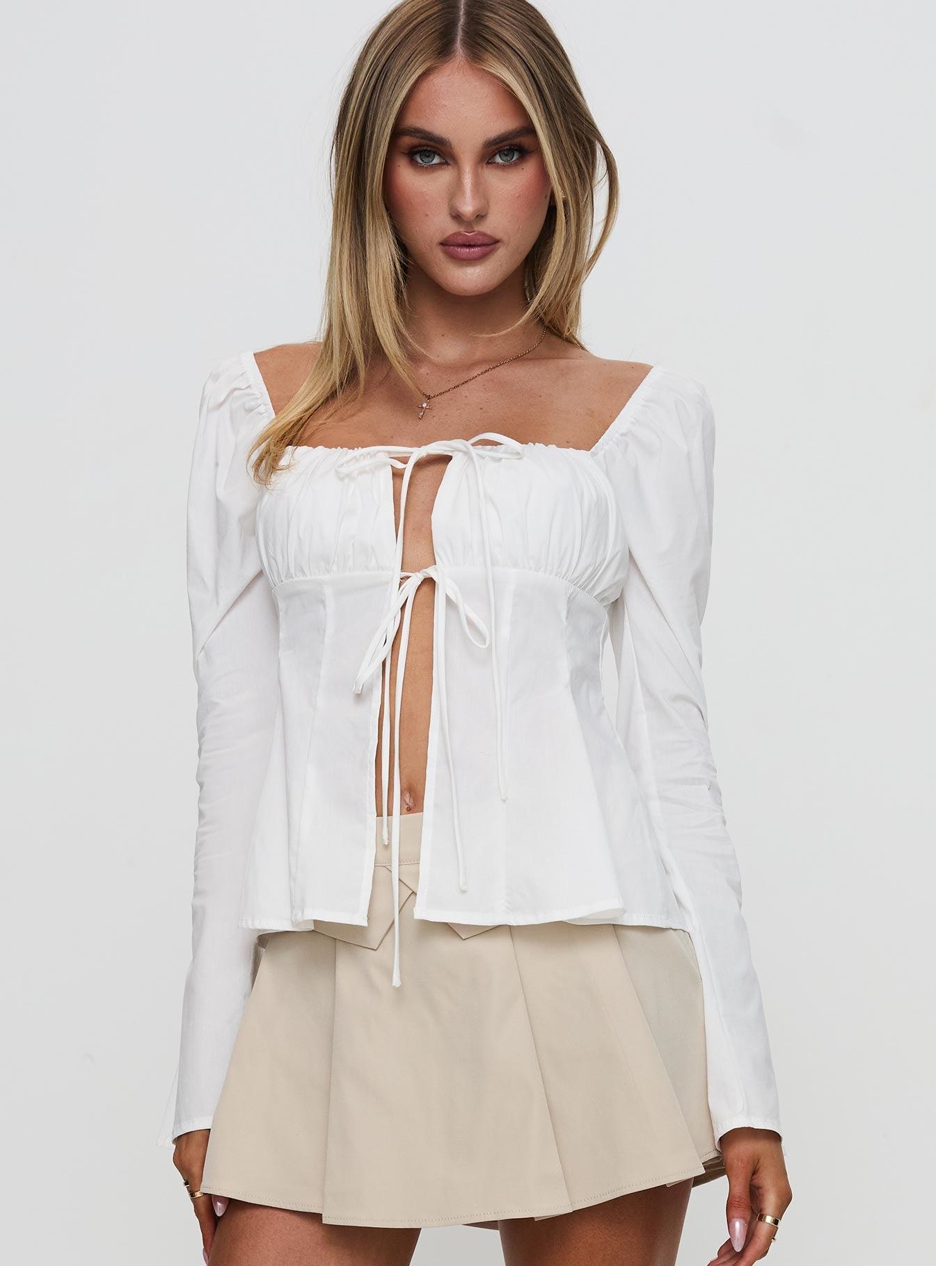 Lilibette Tie Up Long Sleeve Top White Product Image