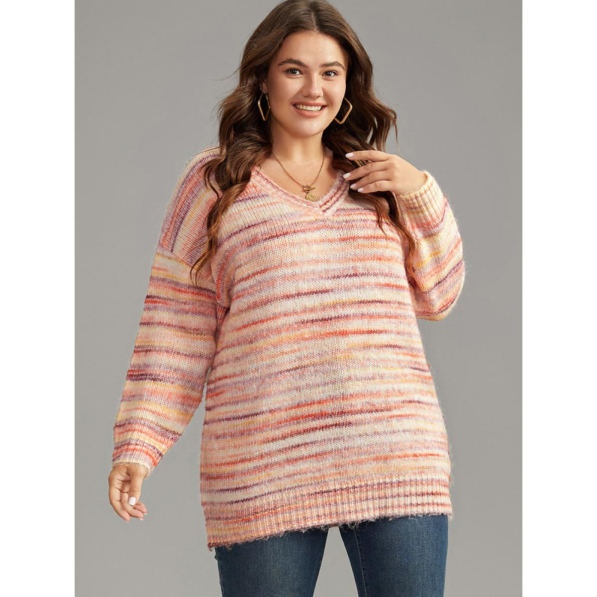 Plus Size Ombre Heather Drop Shoulder Pullover Multicolor Women Casual Loose Long Sleeve V-neck Everyday Pullovers BloomChic 14-16/1X Product Image