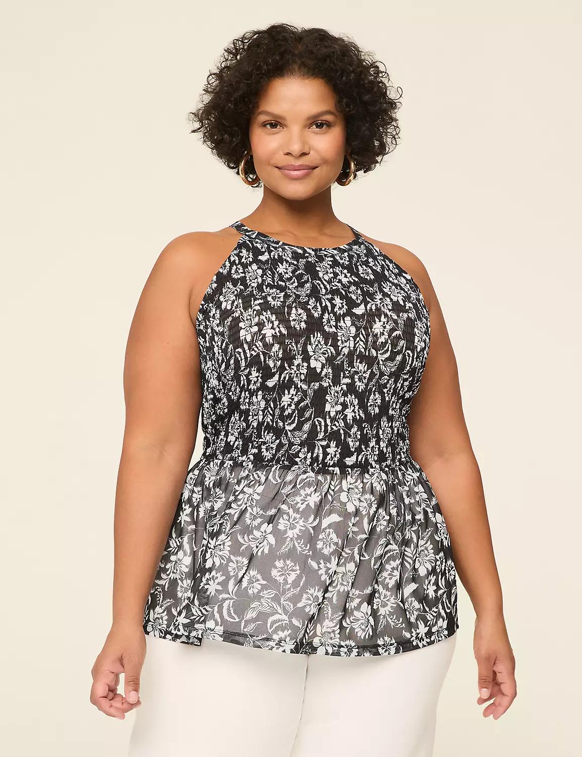 Mesh Halter-Neck Smocked Peplum Top Product Image