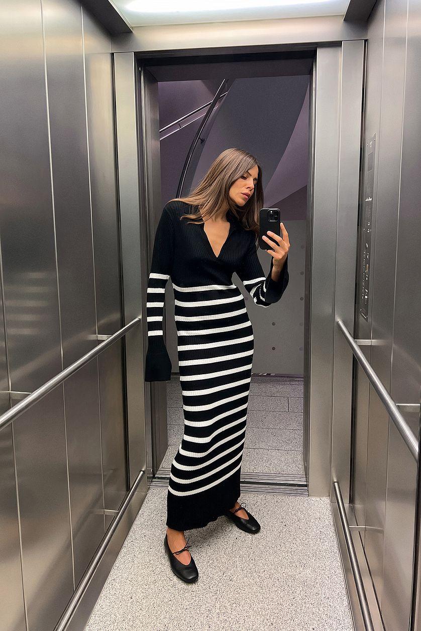 Striped Rib Knitted Trumpet Sleeve Dress Product Image