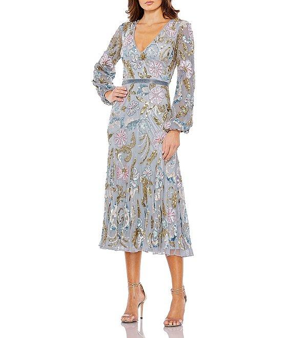 Mac Duggal Floral Embellished Mesh V-Neck Long Sleeve Midi Dress Product Image