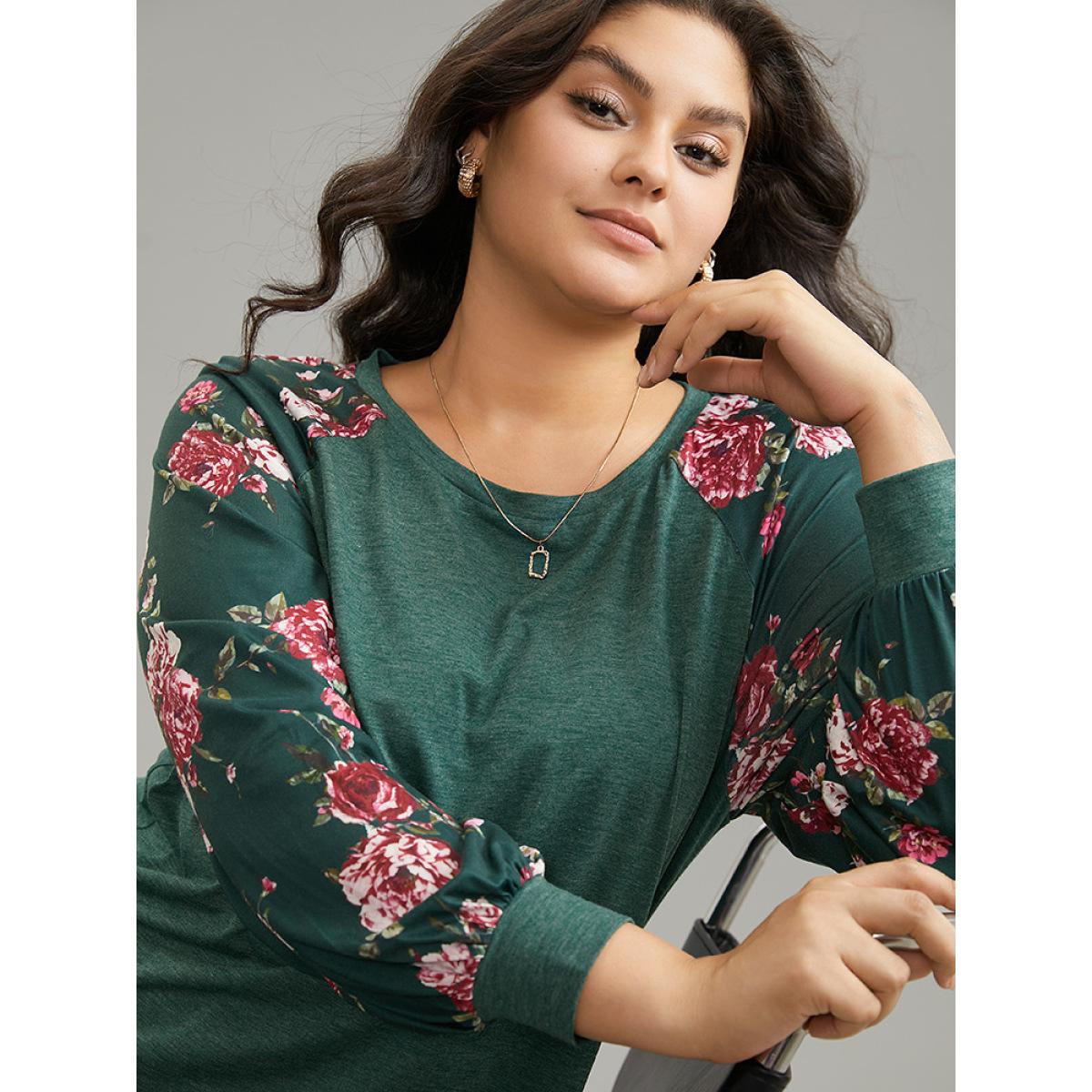 Plus Size Floral Patchwork Crew Neck Raglan Sleeve T-shirt DarkGreen Women Leisure Printed Floral Round Neck Casual T-shirts BloomChic 10/M Product Image