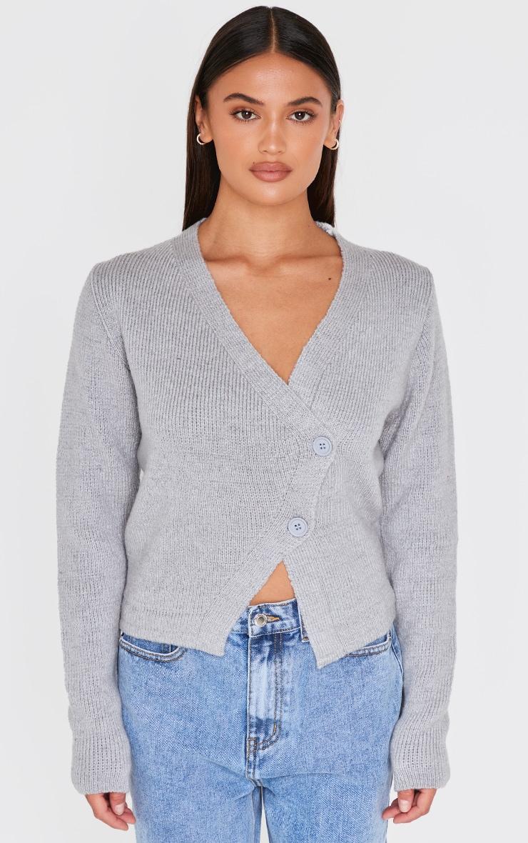 Grey Knit Asymmetric Button Cardigan Product Image