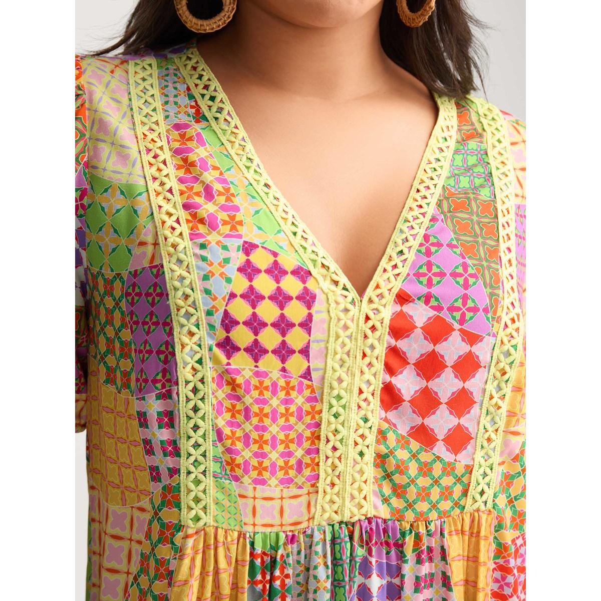 Plus Size Multicolor Vibrant Collage Print Babydoll Top Women Playful Short sleeve Deep V-neck Vacation Blouses BloomChic 26/4X Product Image