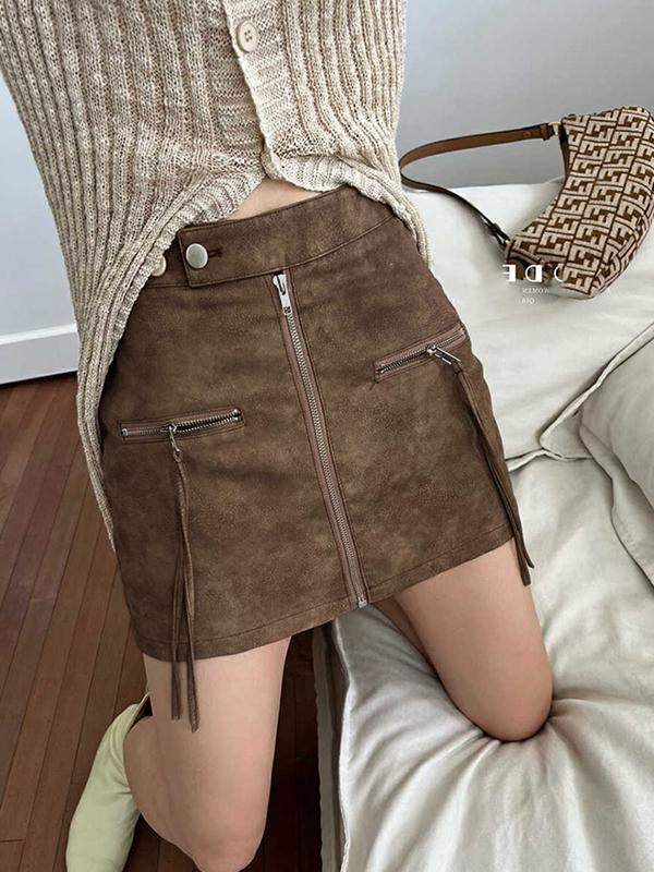 Vintage High Rise Zip Up Pu Leather Mini Skirt Product Image
