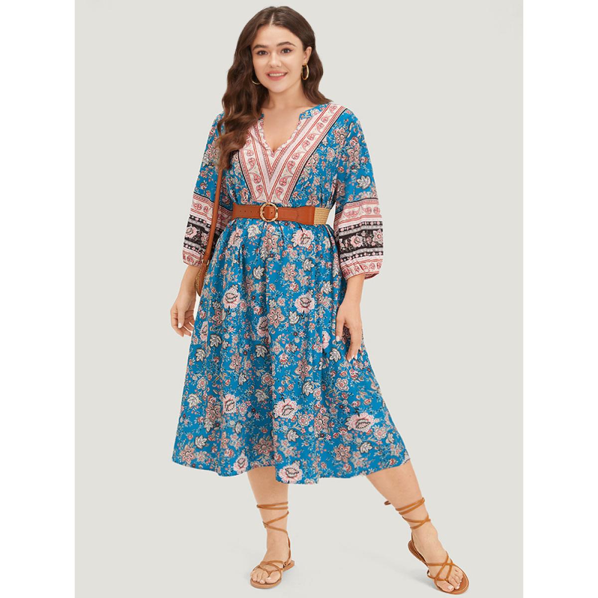Plus Size Floral Print Notched Lantern Sleeve Contrast Dress Teal Women Vacation Elastic cuffs Notched collar Long Sleeve Curvy Midi Dress BloomChic 14-16/1X Product Image