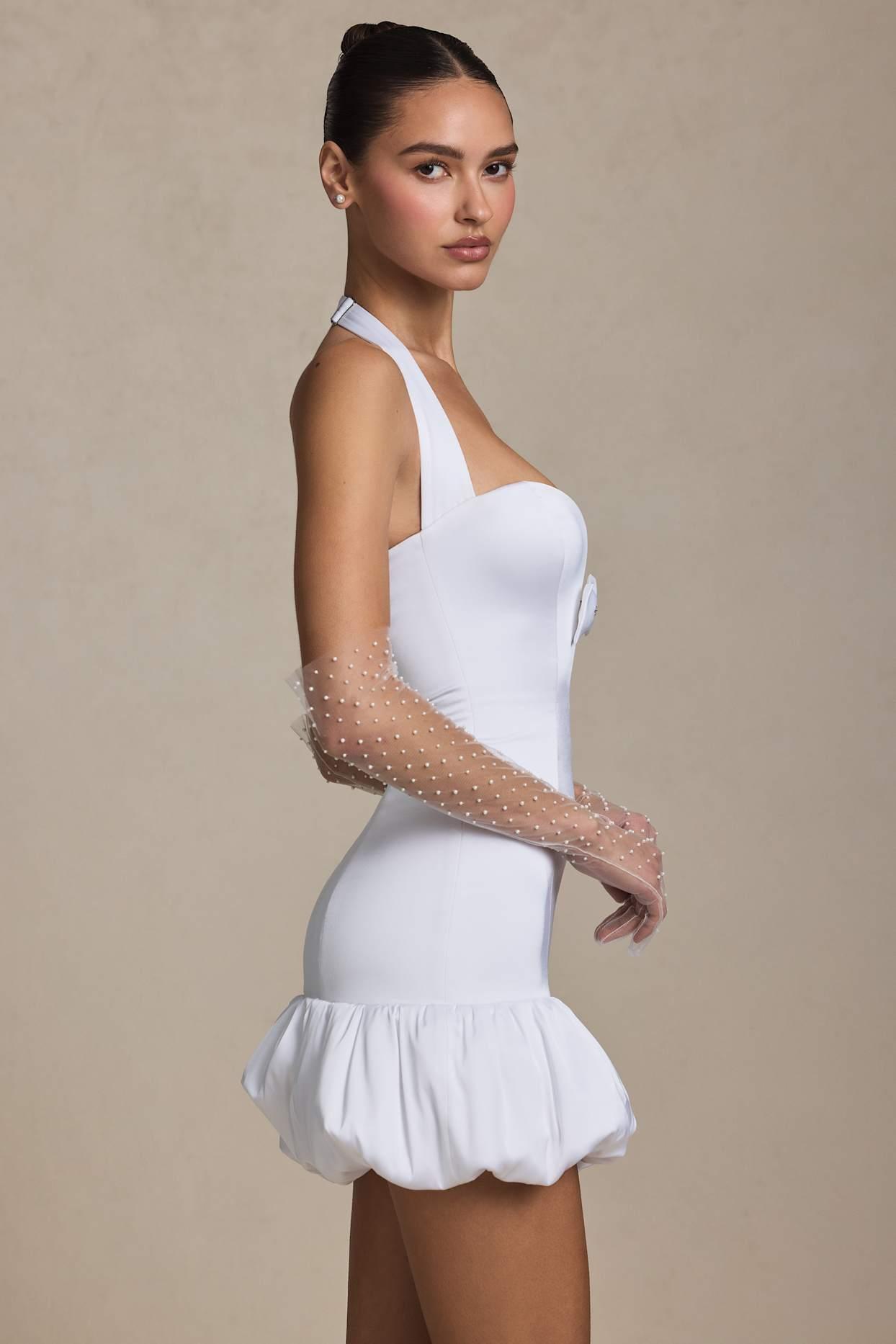 Bow-Detail Halterneck Bubble Hem Mini Dress in White Product Image