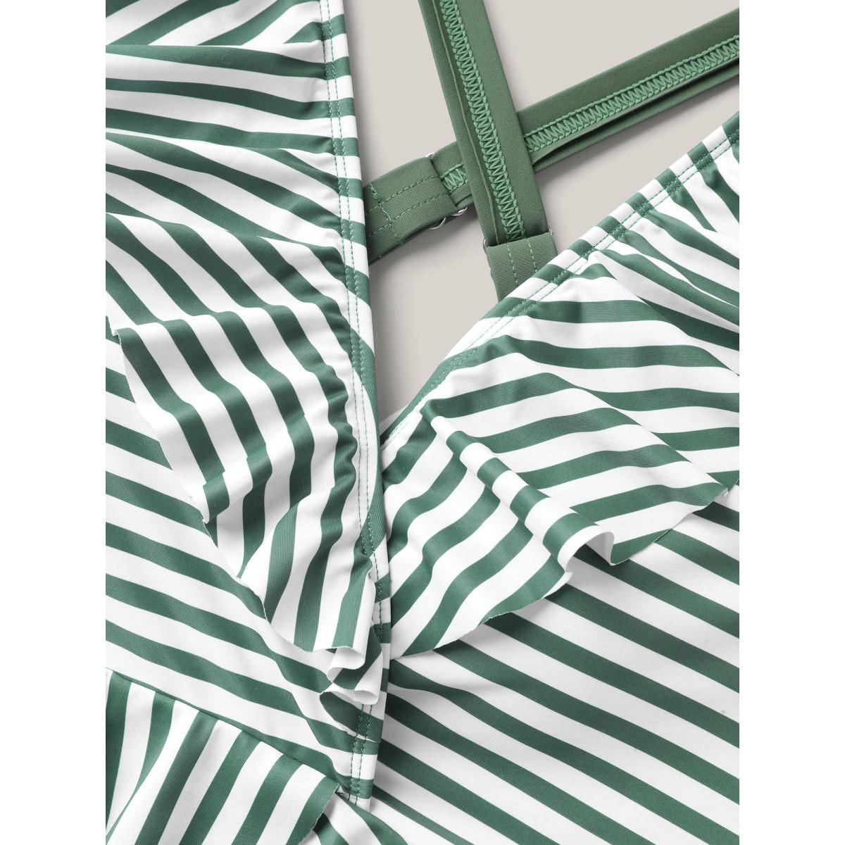 Plus Size Striped Spliced Ruffled One-Piece Swimsuit Women's Swimwear ArmyGreen Beach Gathered Curve Bathing Suits High stretch One Pieces BloomChic 14-16/1X Product Image