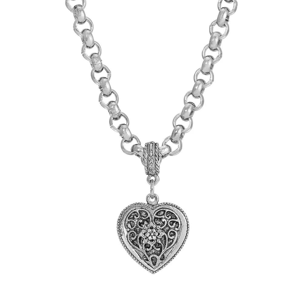 1928 Silver Tone Filigree Heart Necklace, Womens Product Image