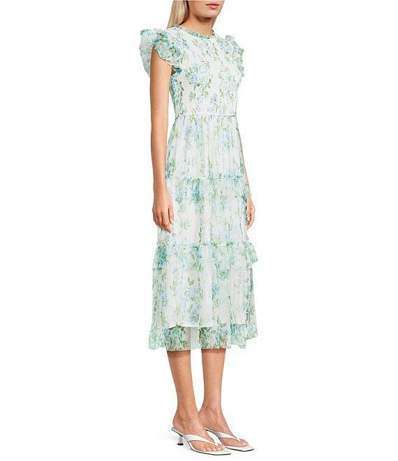 Blu Pepper Floral Print Mesh Round Neck Short Sleeve Smocked Midi Dress Product Image