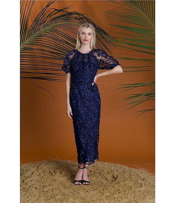 Maggy London Illusion Puff Short Sleeve Crew Neck Embroidered 3D Petal Applique Mesh MIdi Sheath Dress Product Image