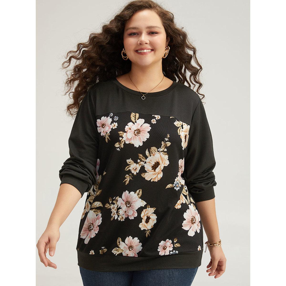 Plus Size Floral Print Patchwork Round Neck Sweatshirt Women Black Elegant Patchwork Round Neck Dailywear Sweatshirts BloomChic 10/M Product Image