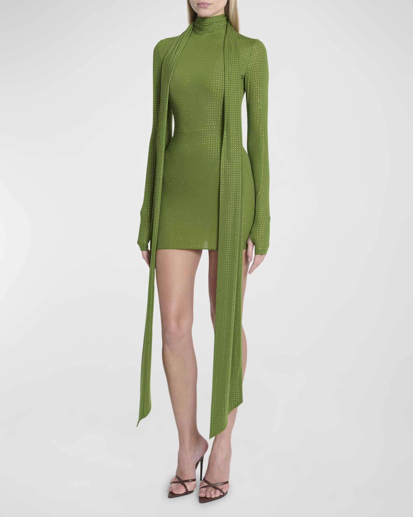 Crystal Embellished Long-Sleeve Scarf-Neck Mini Dress Product Image