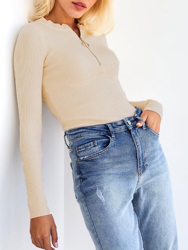 Solid Half Zip Crew Neck Long Sleeve Knit Product Image