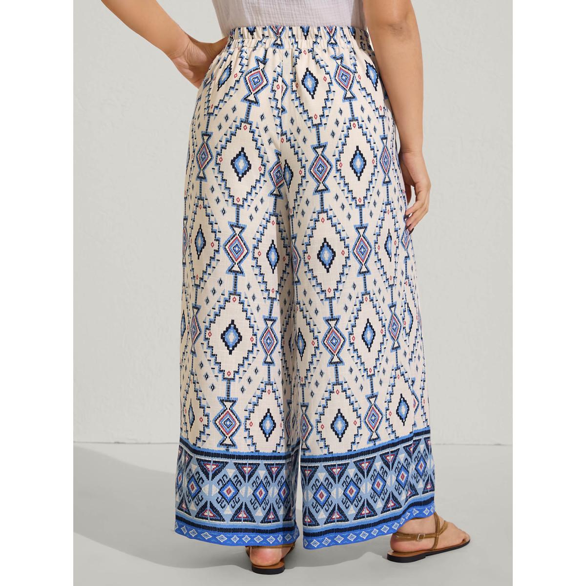 Plus Size Boho Print Pockets Wide-Leg Pants Women LightBlue Resort Wide Leg Mid Rise Vacation Pants BloomChic 22-24/3X Product Image