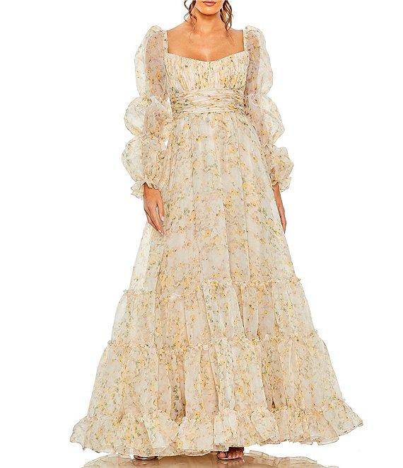 Mac Duggal Chiffon Long Tiered Balloon Sleeve Ball Gown Product Image