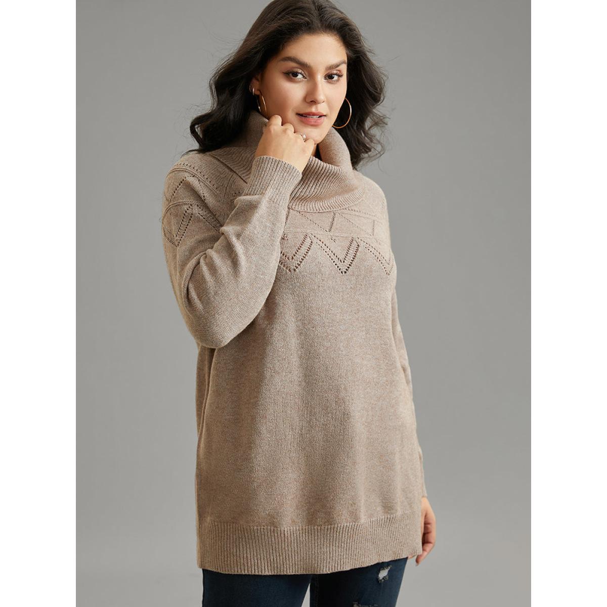 Plus Size Supersoft Essentials Anti-Pilling Turtle Neck Eyelet Pullover LightBrown Women Casual Loose Long Sleeve Turtleneck Dailywear Pullovers BloomChic 12/L Product Image