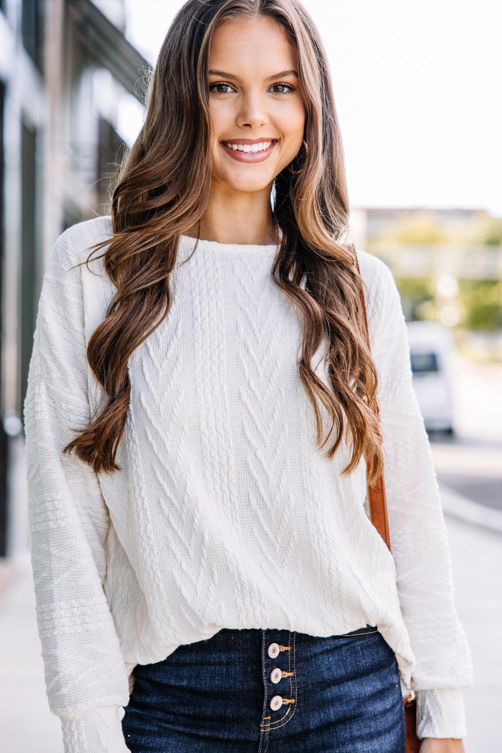 The Slouchy Ivory White Cable Knit Top Female Product Image