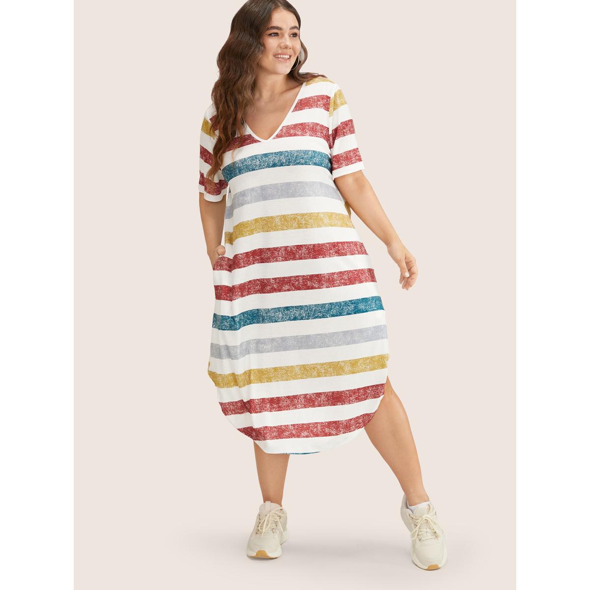 Plus Size Striped Contrast Arc Hem V Neck Pocket Dress Multicolor Women Playful Non V-neck Short sleeve Curvy Midi Dress BloomChic 12/L Product Image