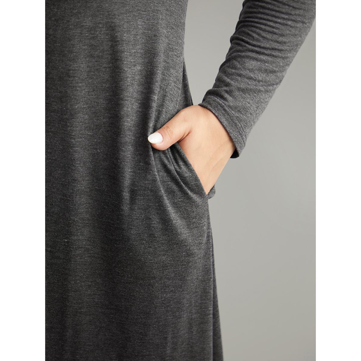 Plus Size Supersoft Solid Button Up Pocket Dress DimGray Women Timeless Non Round Neck Long Sleeve Curvy Midi Dress BloomChic 30/6X Product Image