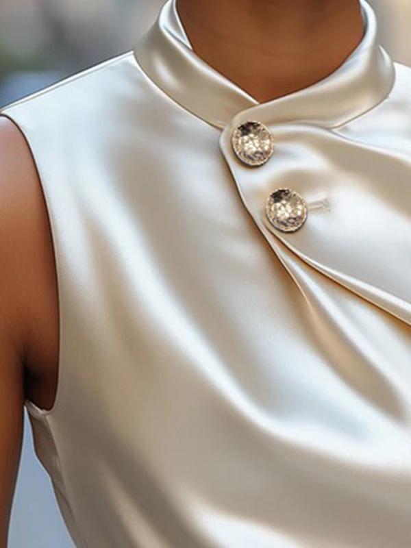 Sleeveless Buttoned Solid Color Stand Collar Tank Top Product Image